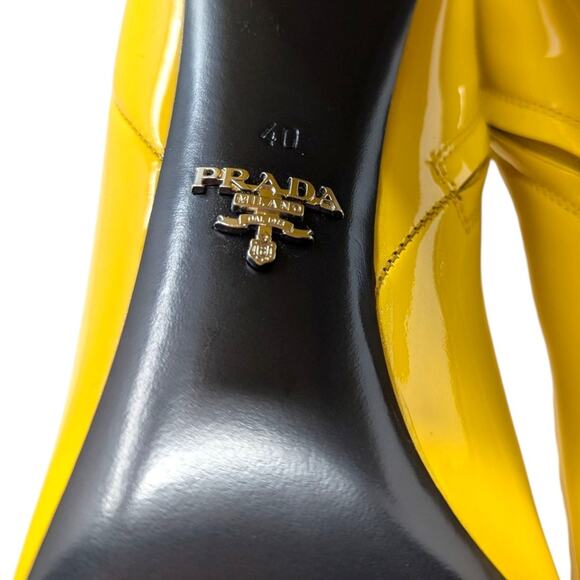 Prada Yellow Patent Leather Knee High Block Heel Boots Women’s 40 10 US - Picture 8 of 9